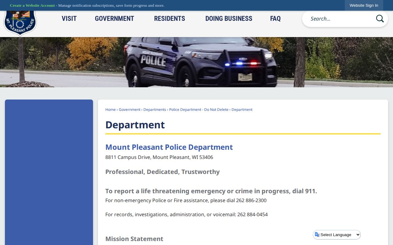 Racine County Mount Pleasant Police Department page for booking record requests