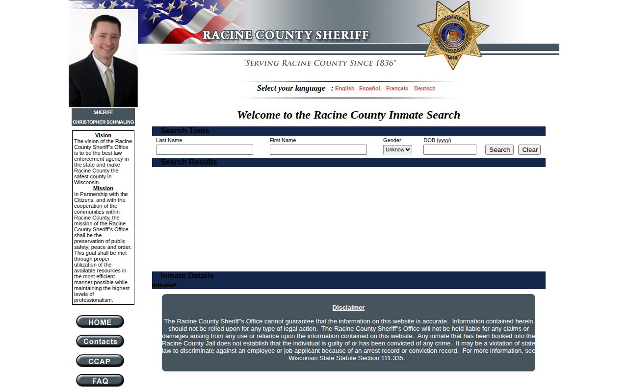 Racine County Jail official inmate locator for current custody records