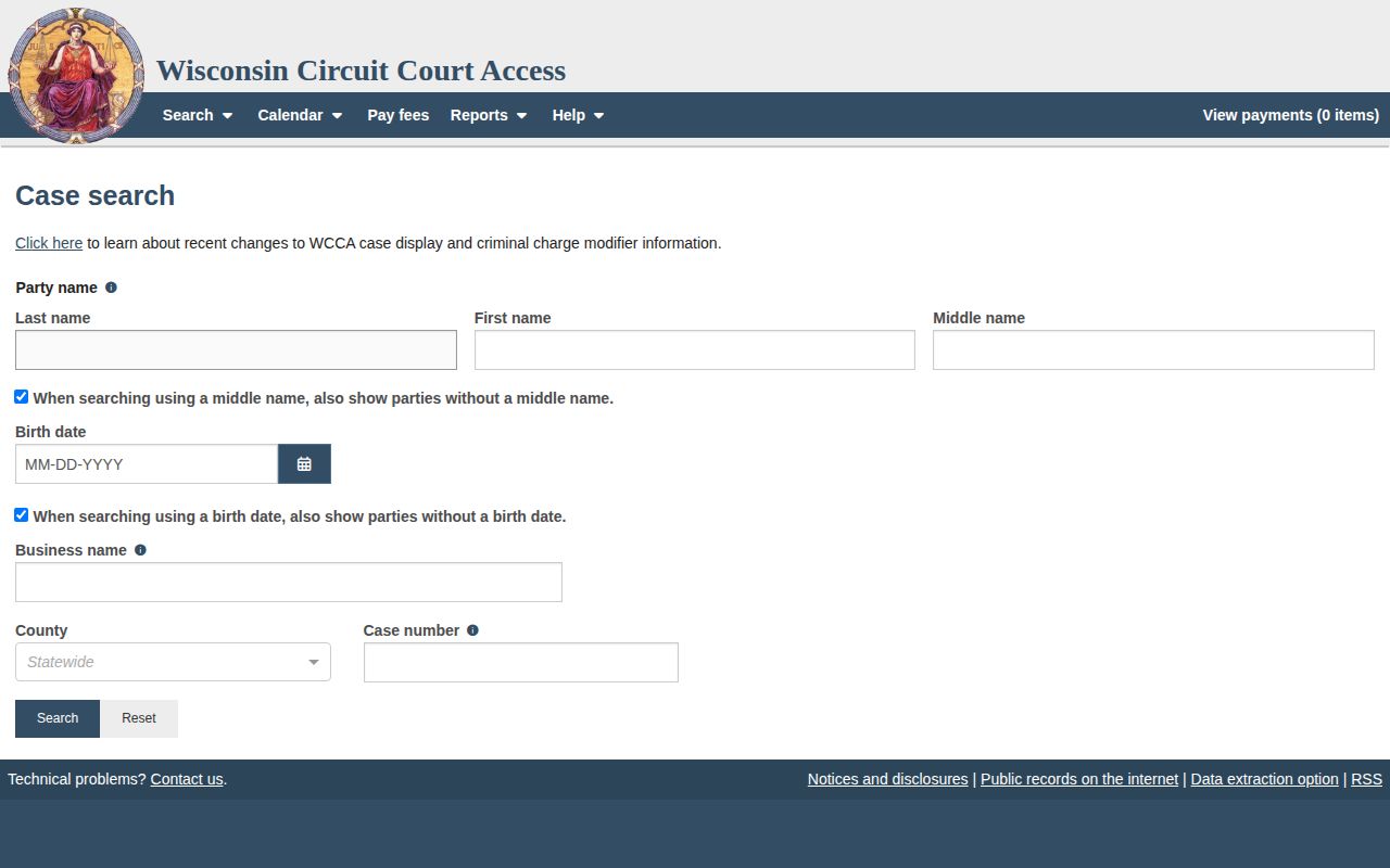 Wisconsin Circuit Court Access search interface for Racine County crime case records