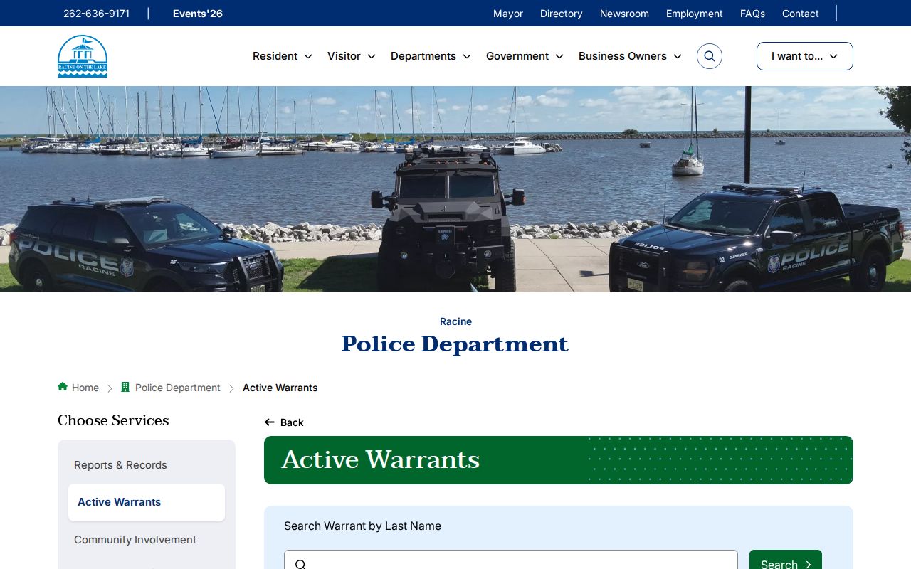 City of Racine official active warrants search interface for Racine County warrant checks